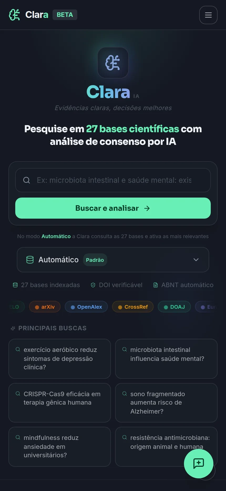 Página inicial da Claracademic no celular