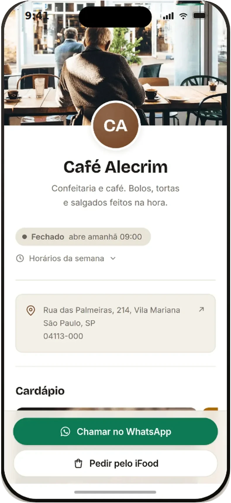 Vitrine de um café montada no entrais, aberta no celular